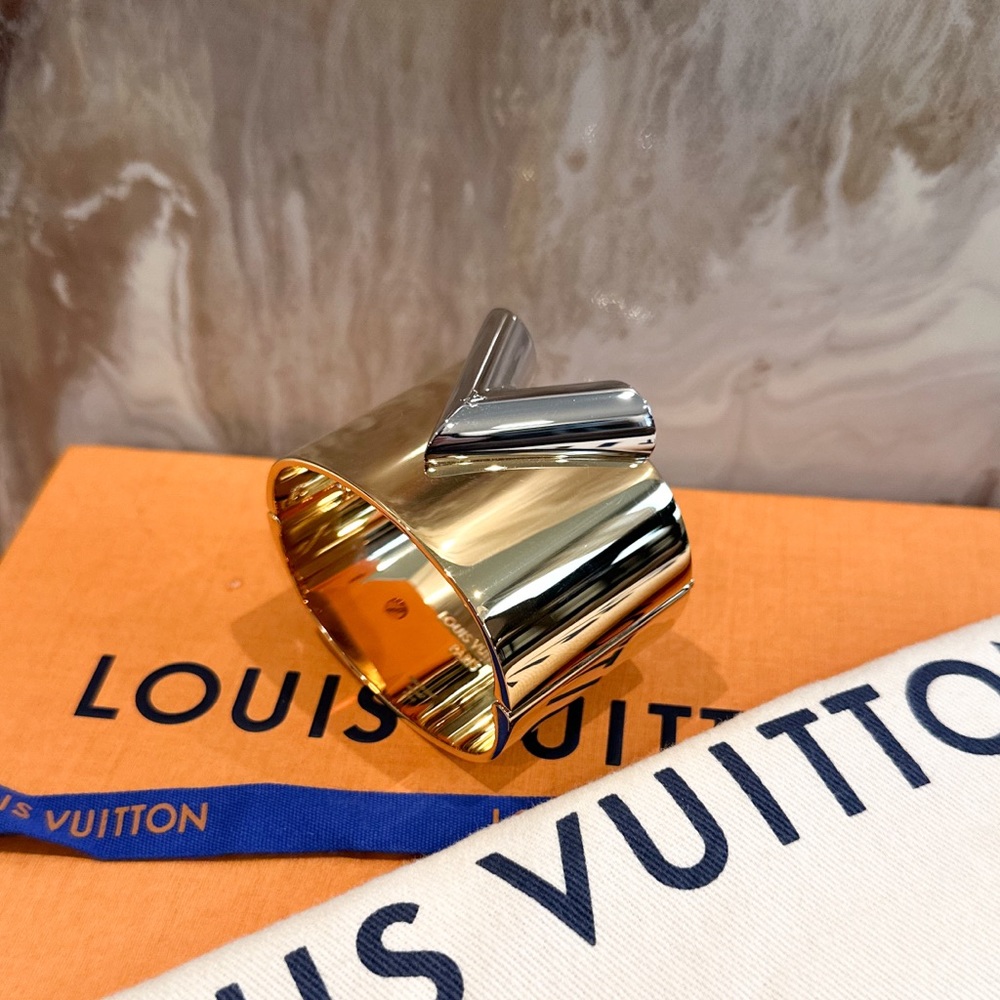 Louis Vuitton Two Tone Thick Gold Essential V Cuff Bracelet - Picture 3 of 7